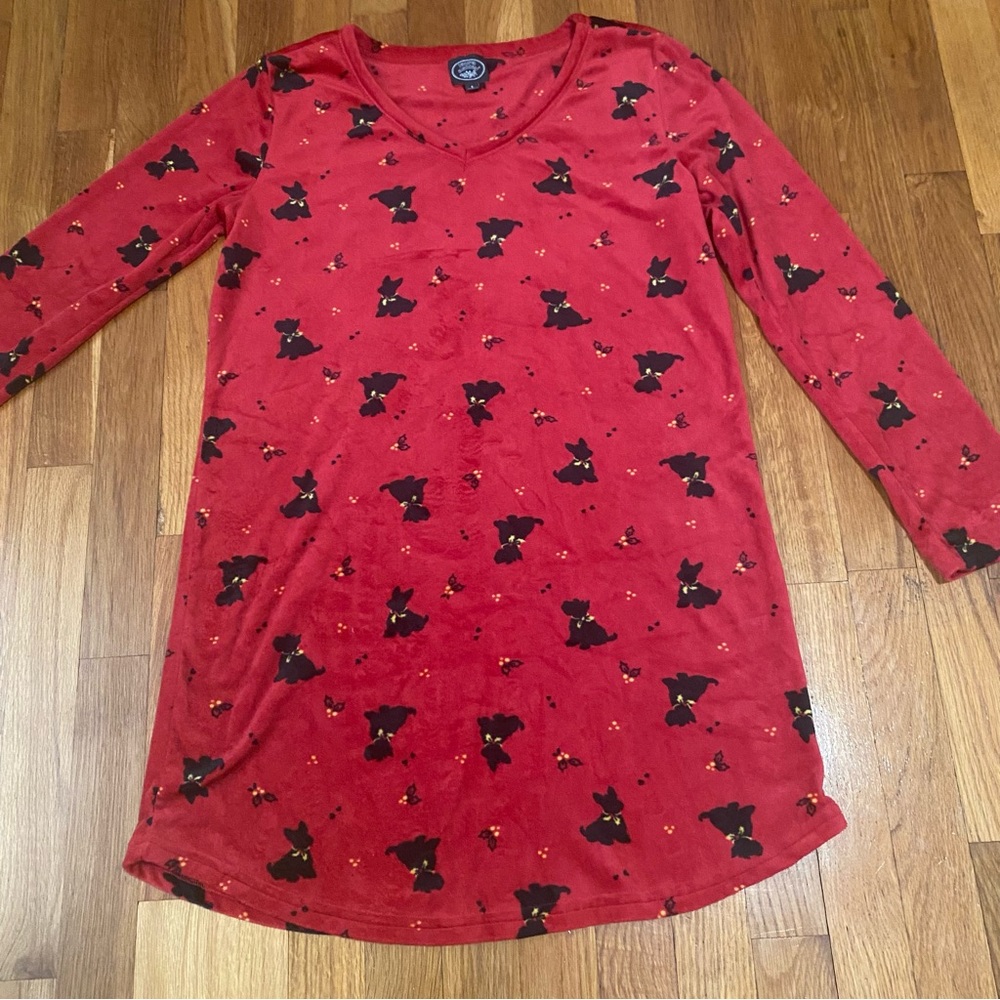 Lara Ashley, red plush night shirt, size small with Scottish terriers